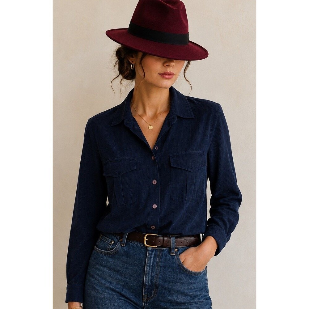 Studio A 100% Silk Textured Navy Blouse Women’s M Soft Matte Drapey Shirt